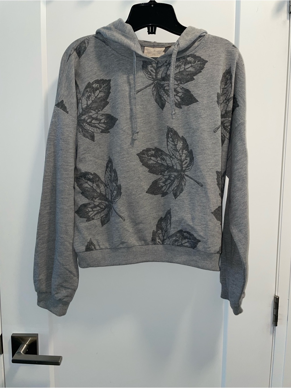 Gray Leaf-Print Hoodie Sweatshirt
